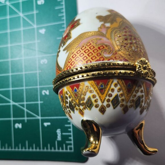Porcelain Egg Trinket Box Gold Accents Ornate Pattern On 3 Legs easter - Picture 5 of 5